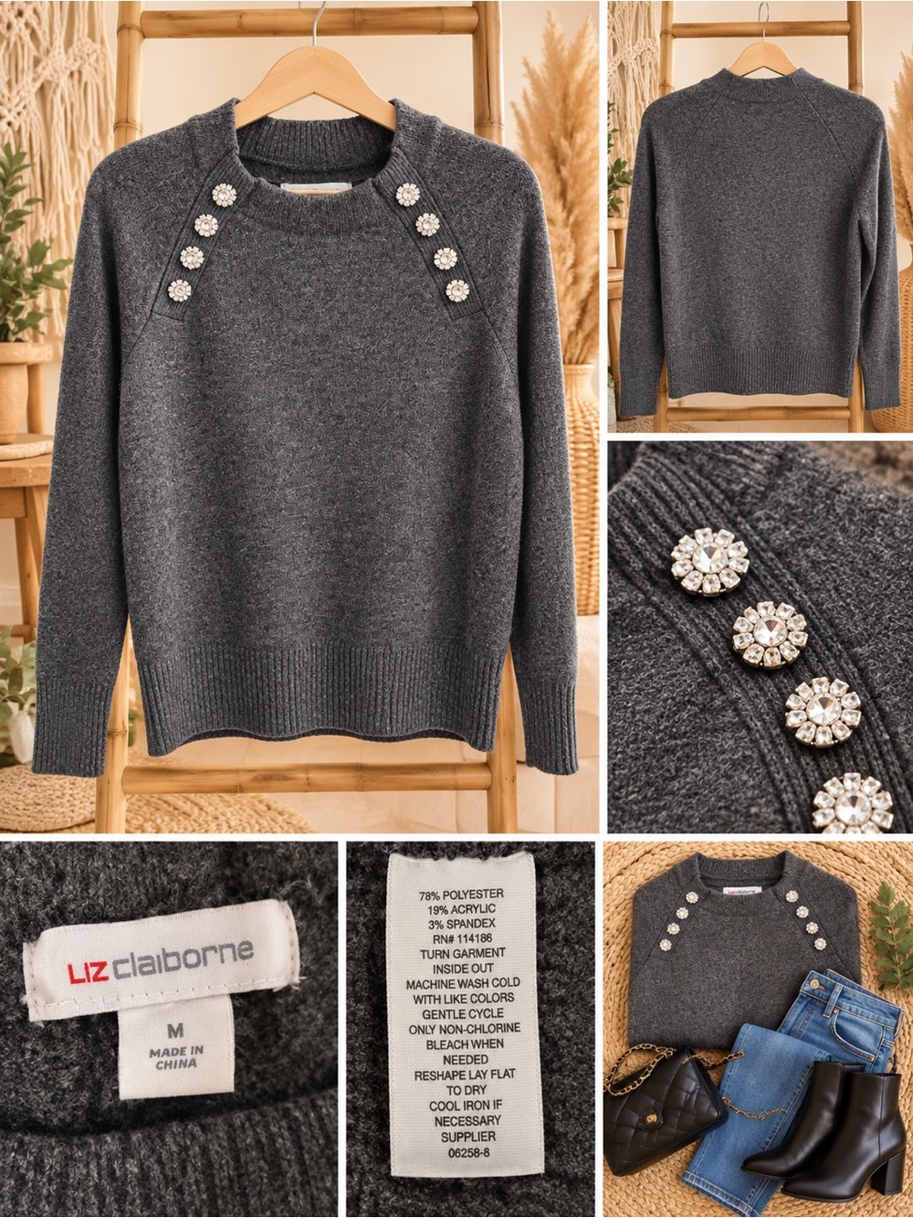 Liz Claiborne Dark Charcoal Gray Jewel-Button Crewneck Sweater Size M